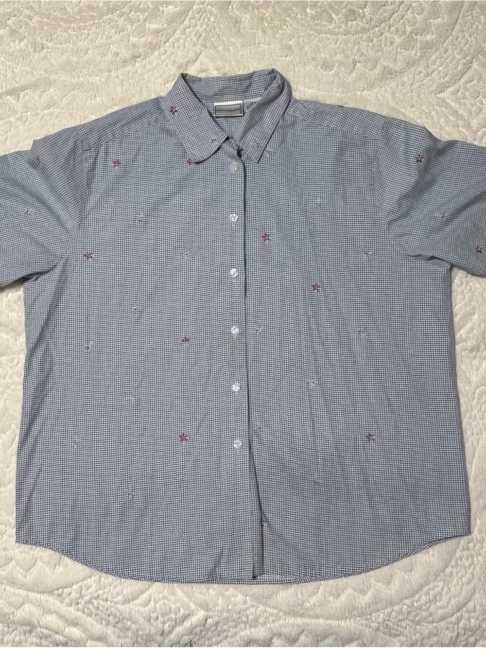 Light Blue Checked Button-Down Shirt with Embroidered Accents Size XL